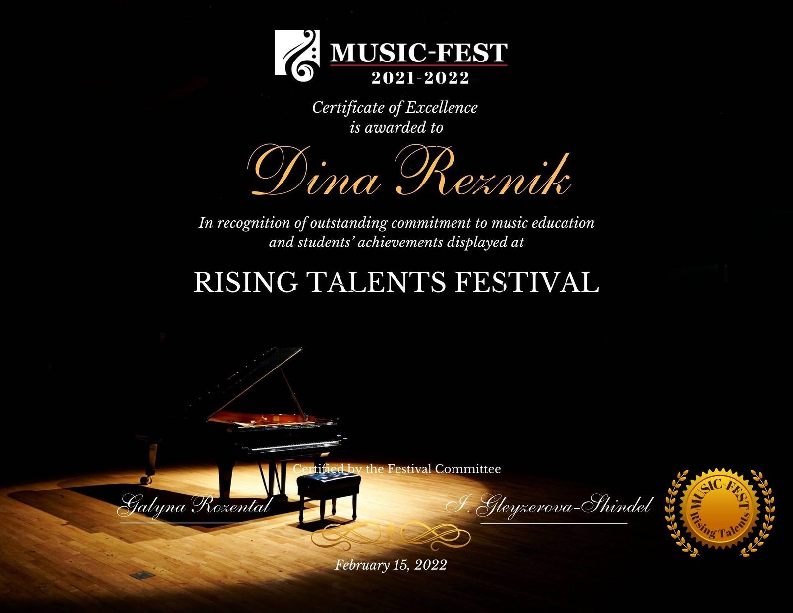 Music-Fest Certificate of Excellence awarded to Dina Reznik