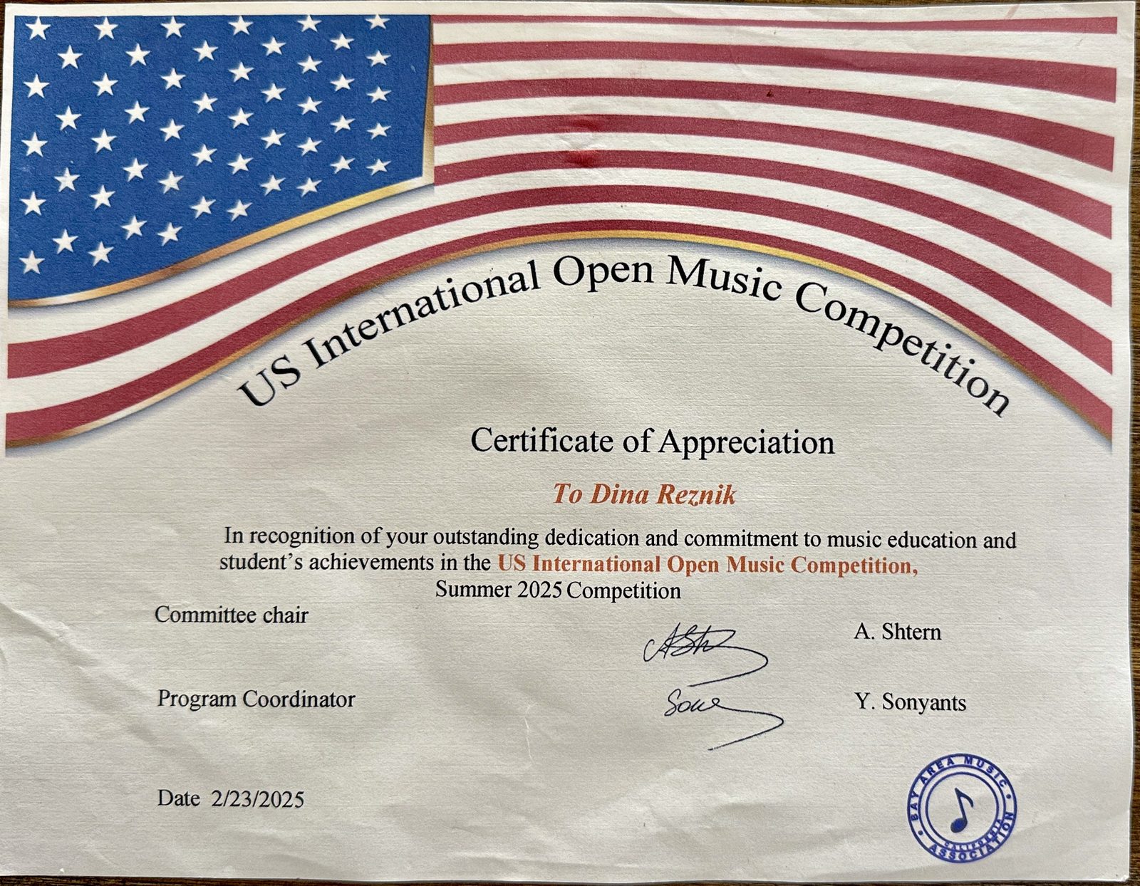 US International Open Music Competition Certificate of Appreciation