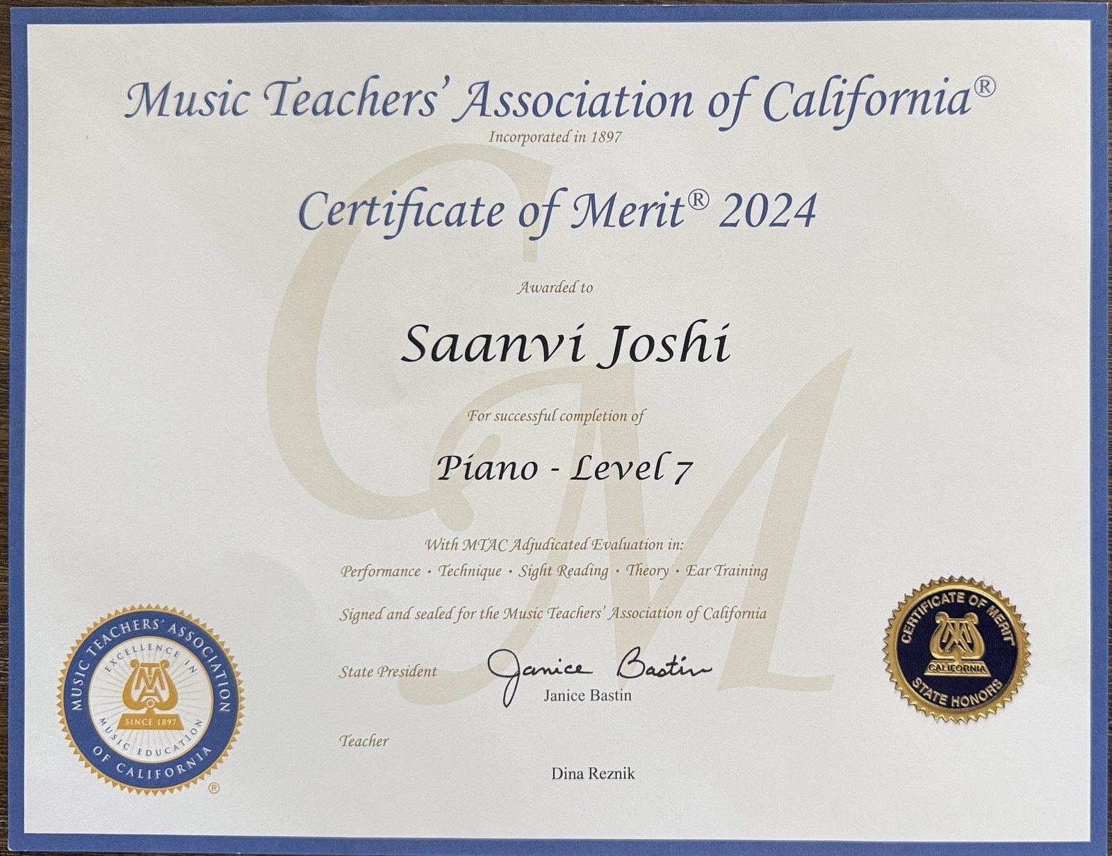 MTAC Certificate of Merit, Piano Level 7