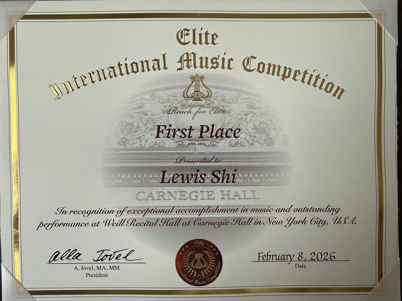 Elite International Music Competition First Place certificate, Carnegie Hall