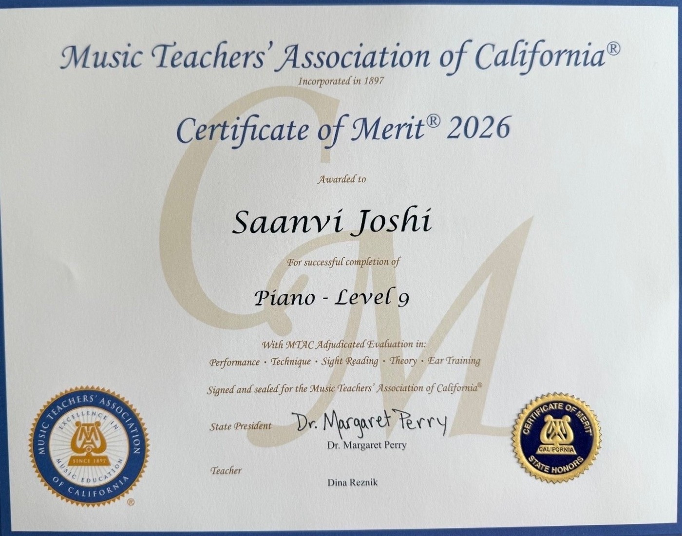MTAC Certificate of Merit, Piano Level 9
