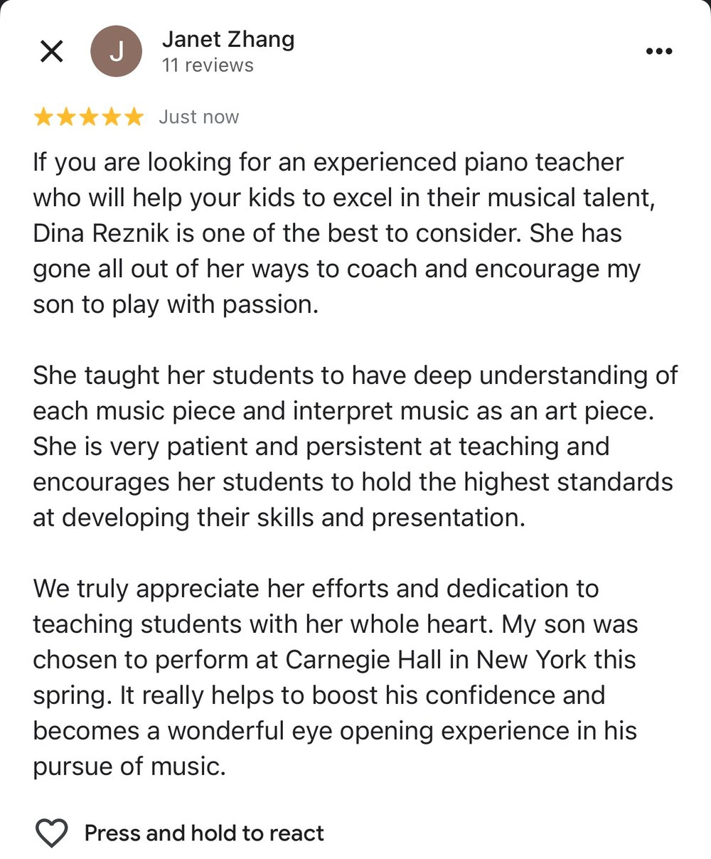 Five star Google review from Janet Zhang