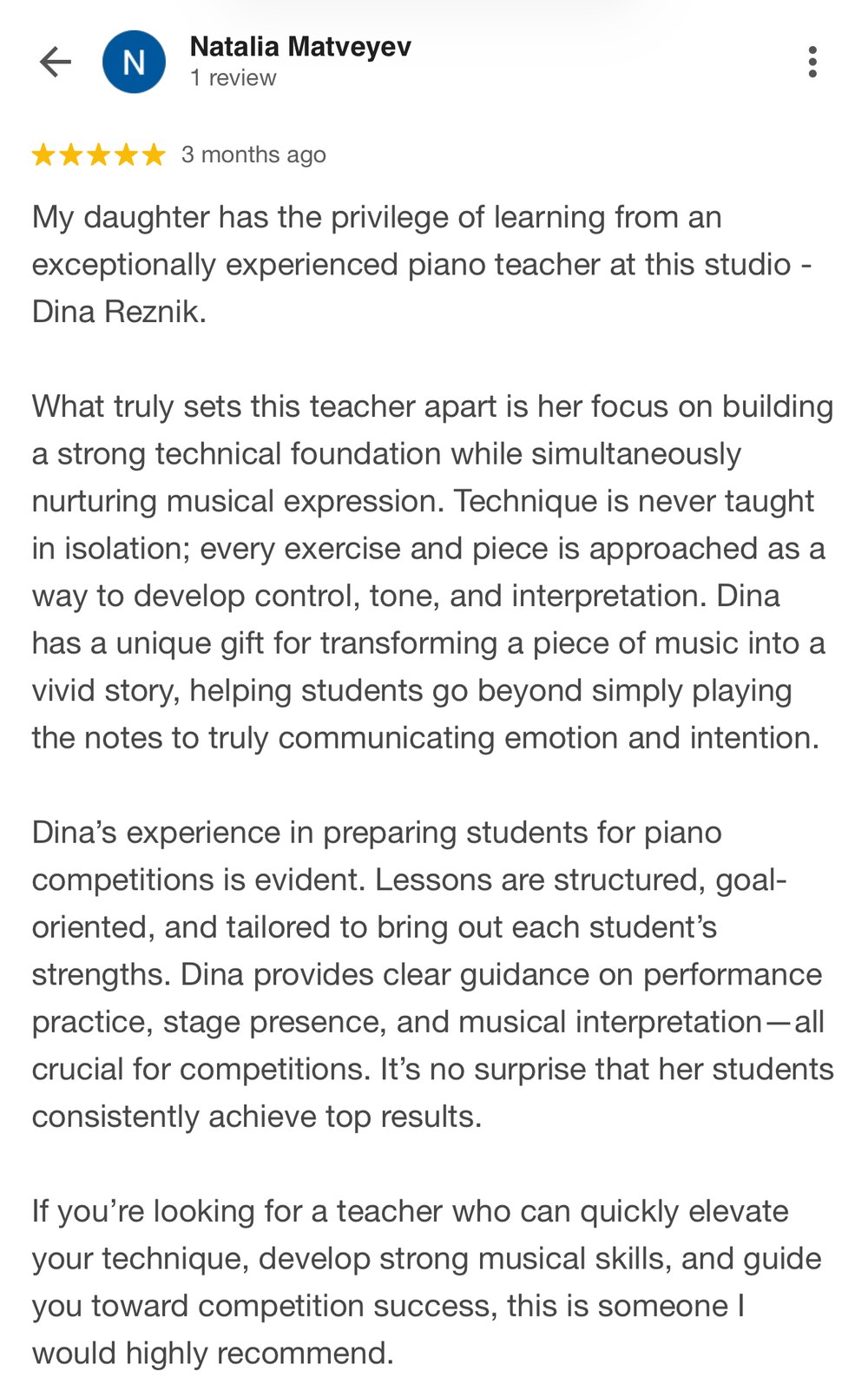 Five star Google review from Natalia Matveyev