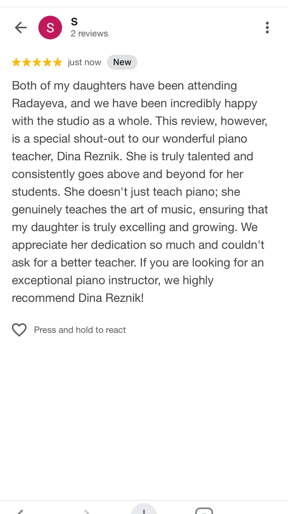 Five star Google review from a Radayeva studio parent